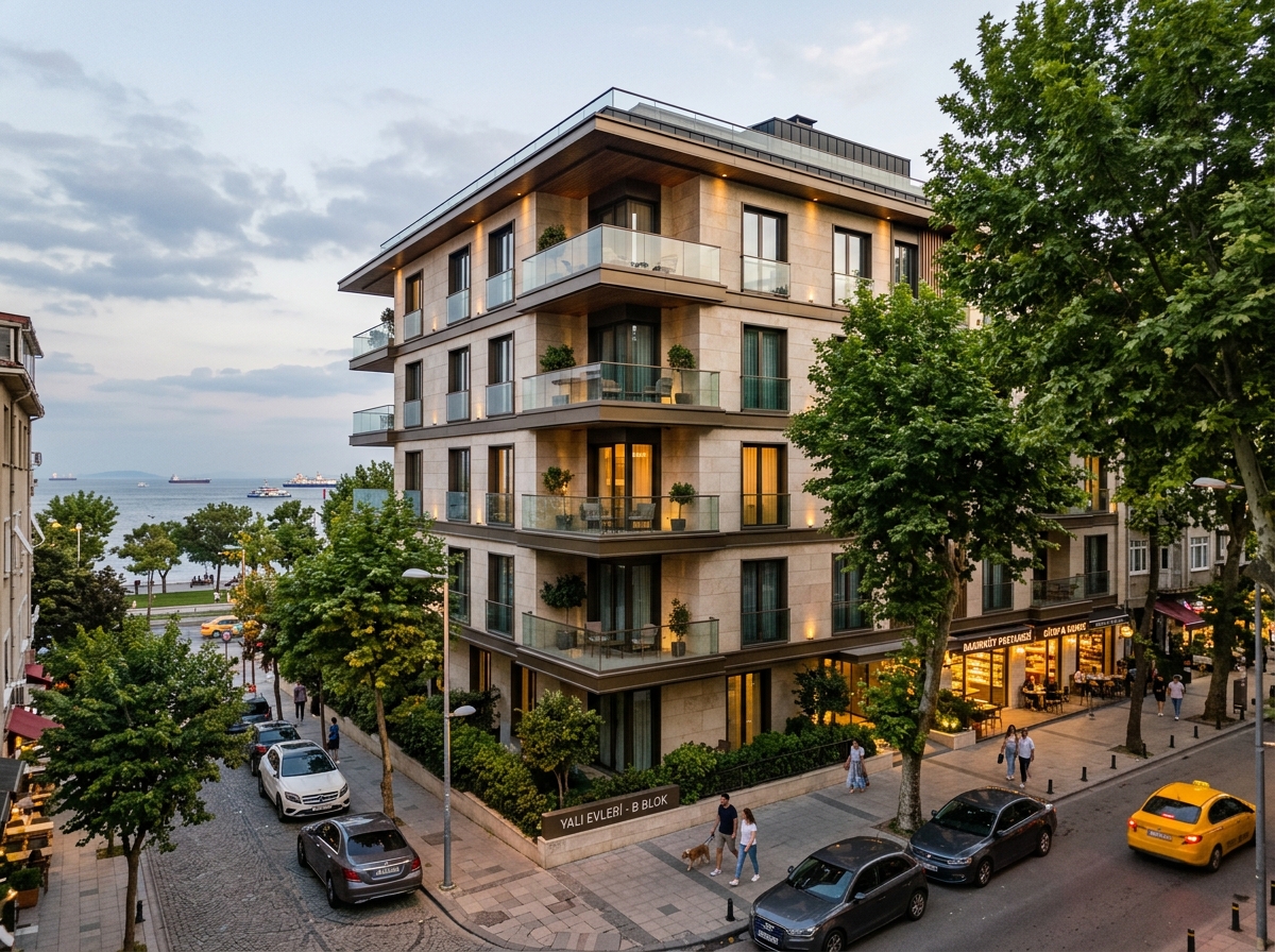Ağaçlıklı konut caddesinde rafine apartman mimarisi